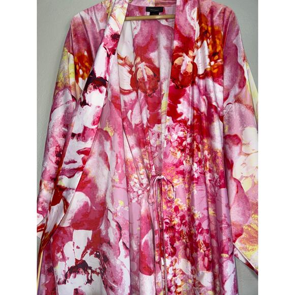 Natori Satin Full Bloom Watercolor Kimono Robe XL Pink Yellow Watercolor Kimono - Picture 3 of 7
